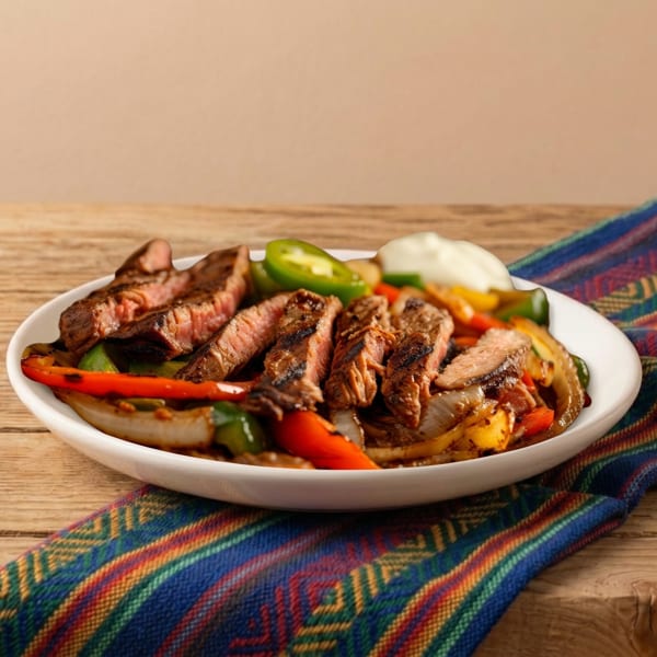 Grilled steak fajitas with colorful bell peppers, onions, and jalapenos, served with sour cream.