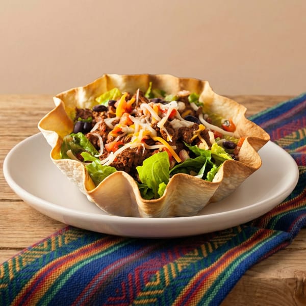 Taco salad in a crispy tortilla bowl with ground beef, lettuce, cheese, and beans.