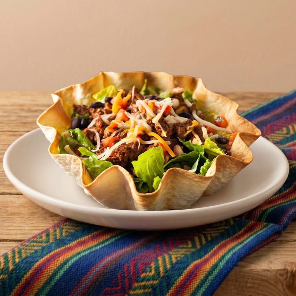 Taco salad in a crispy tortilla bowl with ground beef, lettuce, cheese, and beans.
