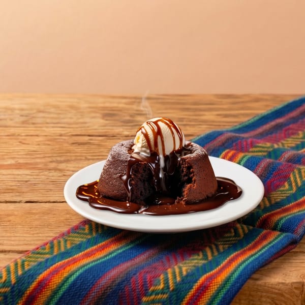 Steaming chocolate lava cake with vanilla ice cream and caramel drizzle on a colorful striped cloth.