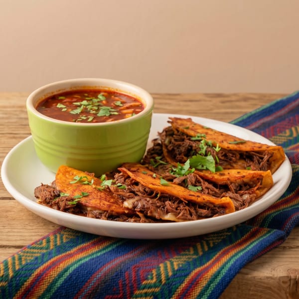 Three birria tacos with cilantro on a white plate, next to a green bowl of consommé, on a wooden table.