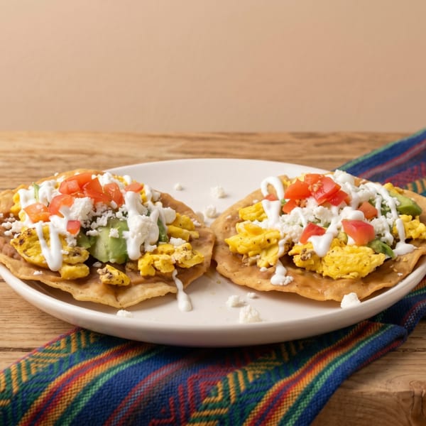 Two breakfast tostadas with scrambled eggs, avocado, tomatoes, cheese, and crema on a colorful napkin.