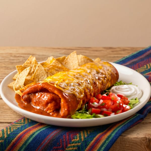 A cheesy, saucy burrito with tortilla chips, pico de gallo, and sour cream on a wooden table.
