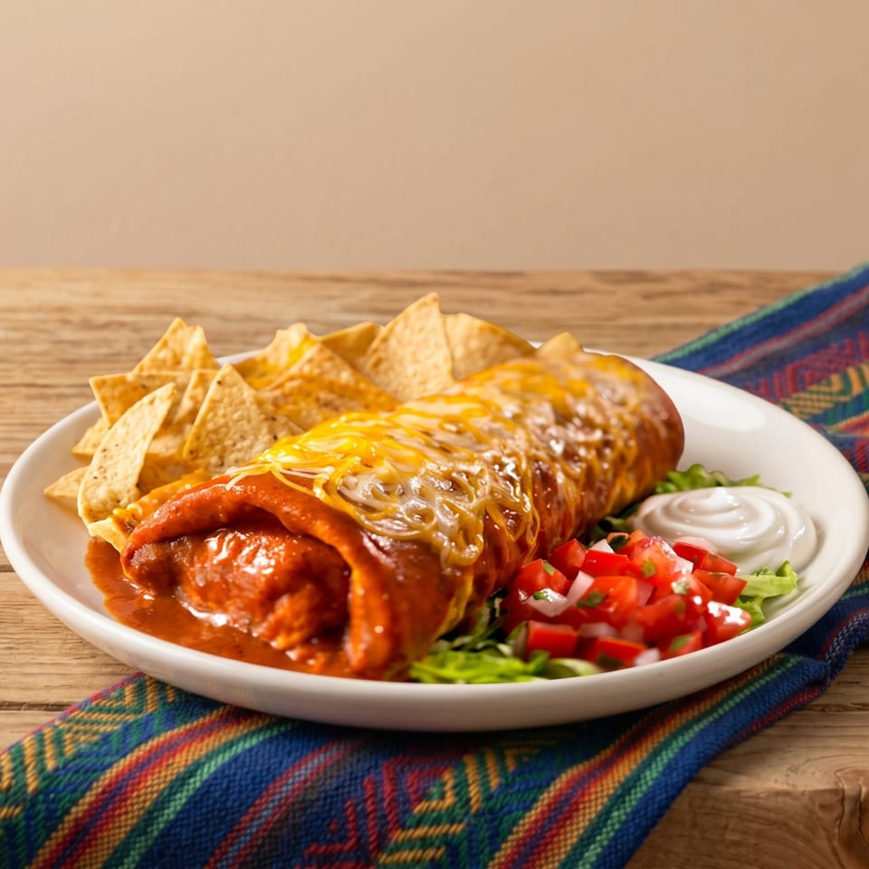 A cheesy, saucy burrito with tortilla chips, pico de gallo, and sour cream on a wooden table.