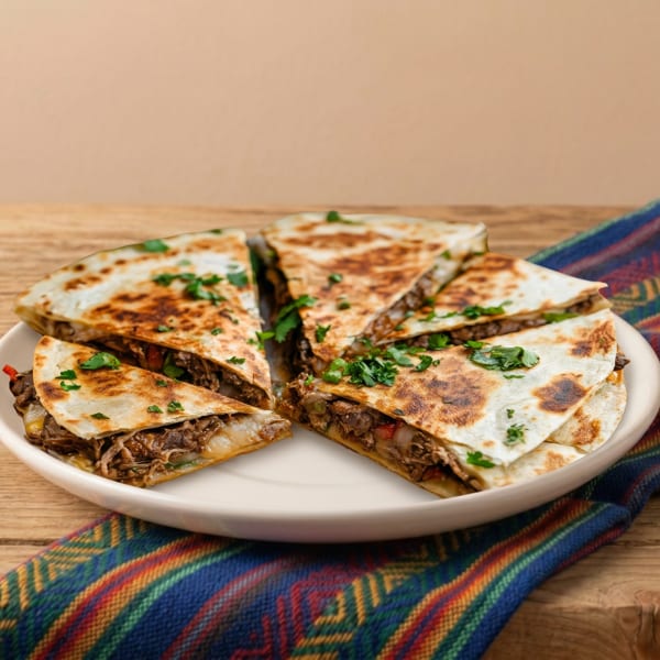 Savory quesadillas filled with meat and cheese, garnished with parsley, on a white plate and colorful cloth.
