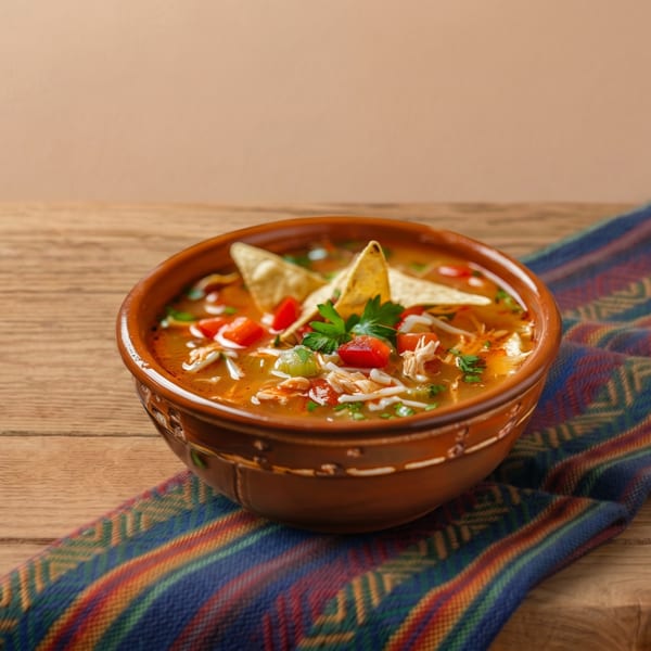 Chicken tortilla soup in a brown bowl with tortilla chips, tomatoes, and cilantro on a wooden table.